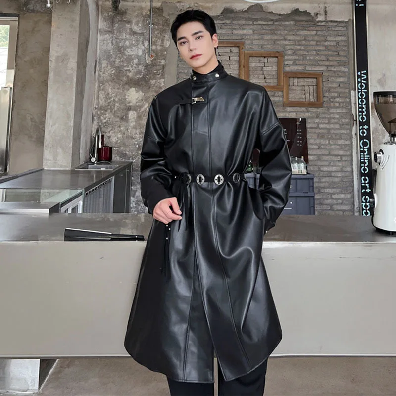 IEFB  PU Leather Men's Trench Coat Round Neck Korean Style Windbreaker Fashion Over Knee Long Overcoat Trend Loose Autumn 9C2816