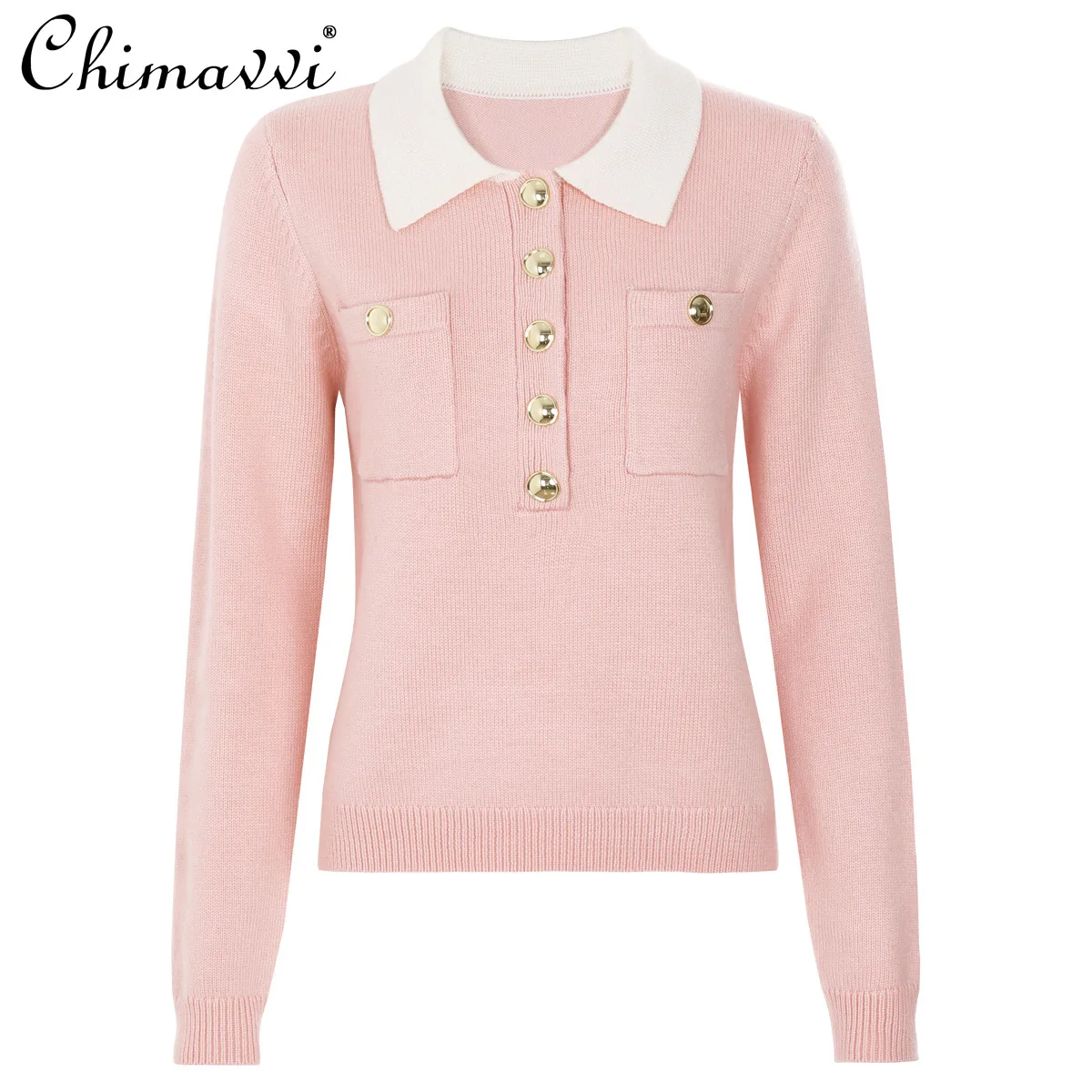 

Spring and Autumn New Fashionable Elegant Turn-Down Collar Sweater for Women Commuting Long Sleeve Pullover Knitted Top