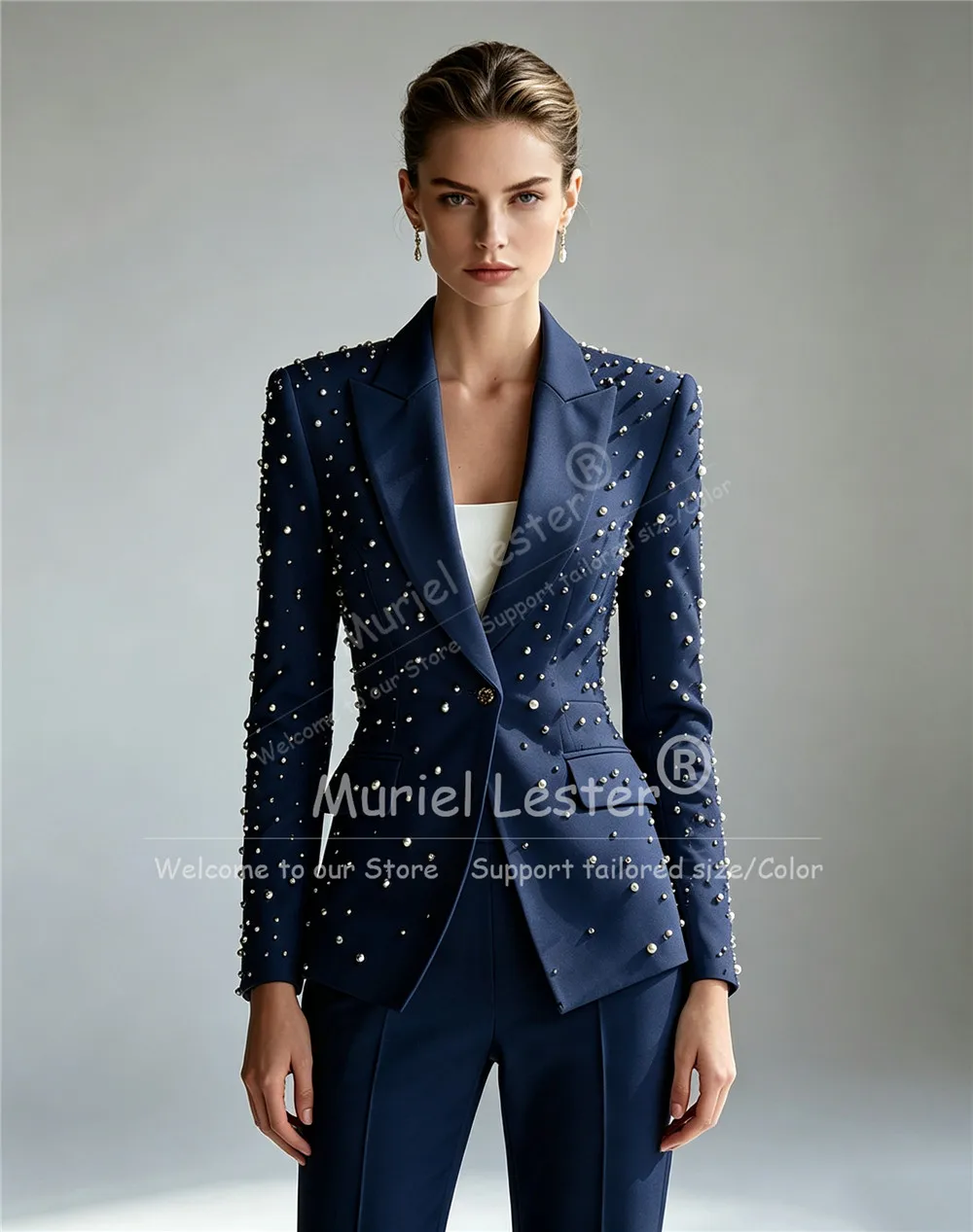 Elegant Pearls Beading Suits Women 2 Piece Sets Single Breasted Jacket Pants Customized Prom Blazer Lady Business Party Clothing view 4