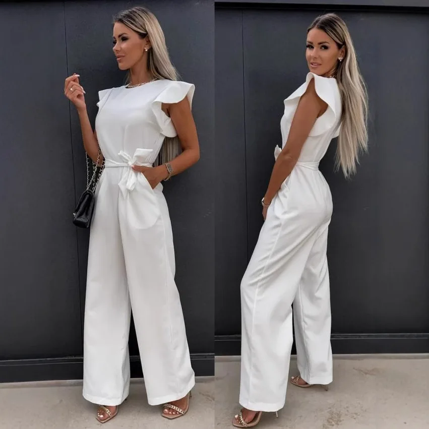 Jumpsuits Women One Piece Straight Pants Round Collar Flying Sleeve Stretch Lace Up Tight Waist Trousers 2025 Summer Office Lady