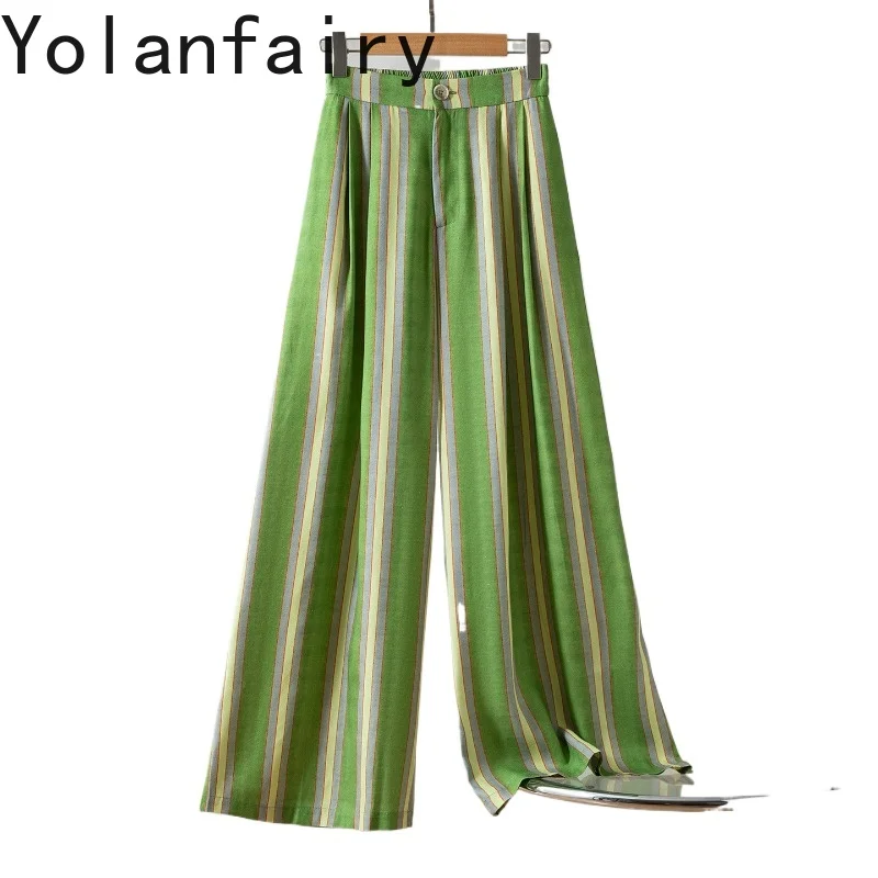 

YOLANFAIRY 100% Real Mulberry Silk Pants Woman Fashion Printed Wide Leg Pants Women Clothing High Waist Trousers Casual Pants