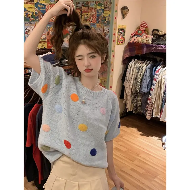 Aesthetic Clothes Graphic T Shirts Sweet Loose Short Sleeved Knitted Top Student Cute 3D Polka Dot Sweater Pink Jumper Knitwear