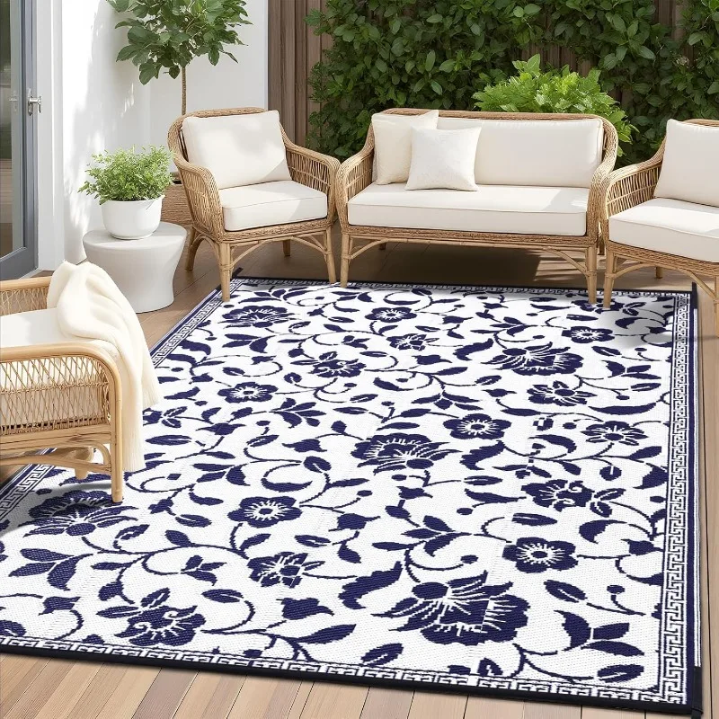 

Waterproof Outdoor Rug 6x9 ft, Outdoor Plastic Straw Rug with Flower Pattern, Reversible RV Mat for Patio