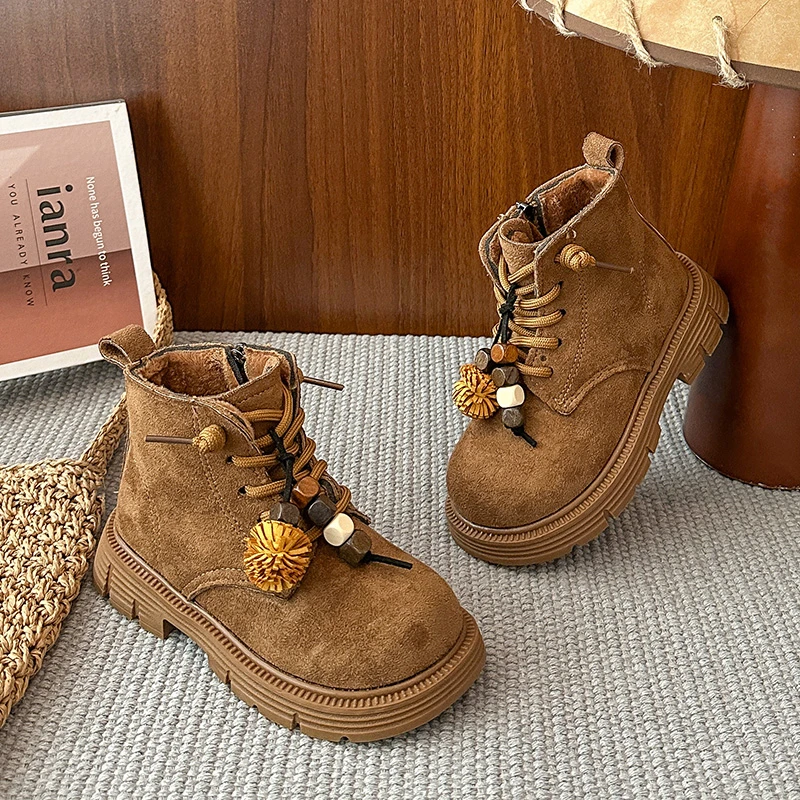 

Girls Boots Kids Fashion Elegant Plaid Ankle Boots Kids 2025 Autumn Winter Side Zip Boots for Children Princess PU Leather Shoe