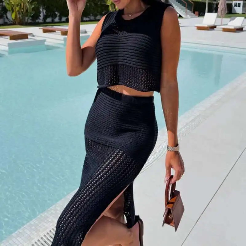 Ensemble deux pièces chemisier et jupe longue, élégant et Sexy, sans manches, col rond, Cover-Up pour bikini, Perspective tricotée, tenues de vacances