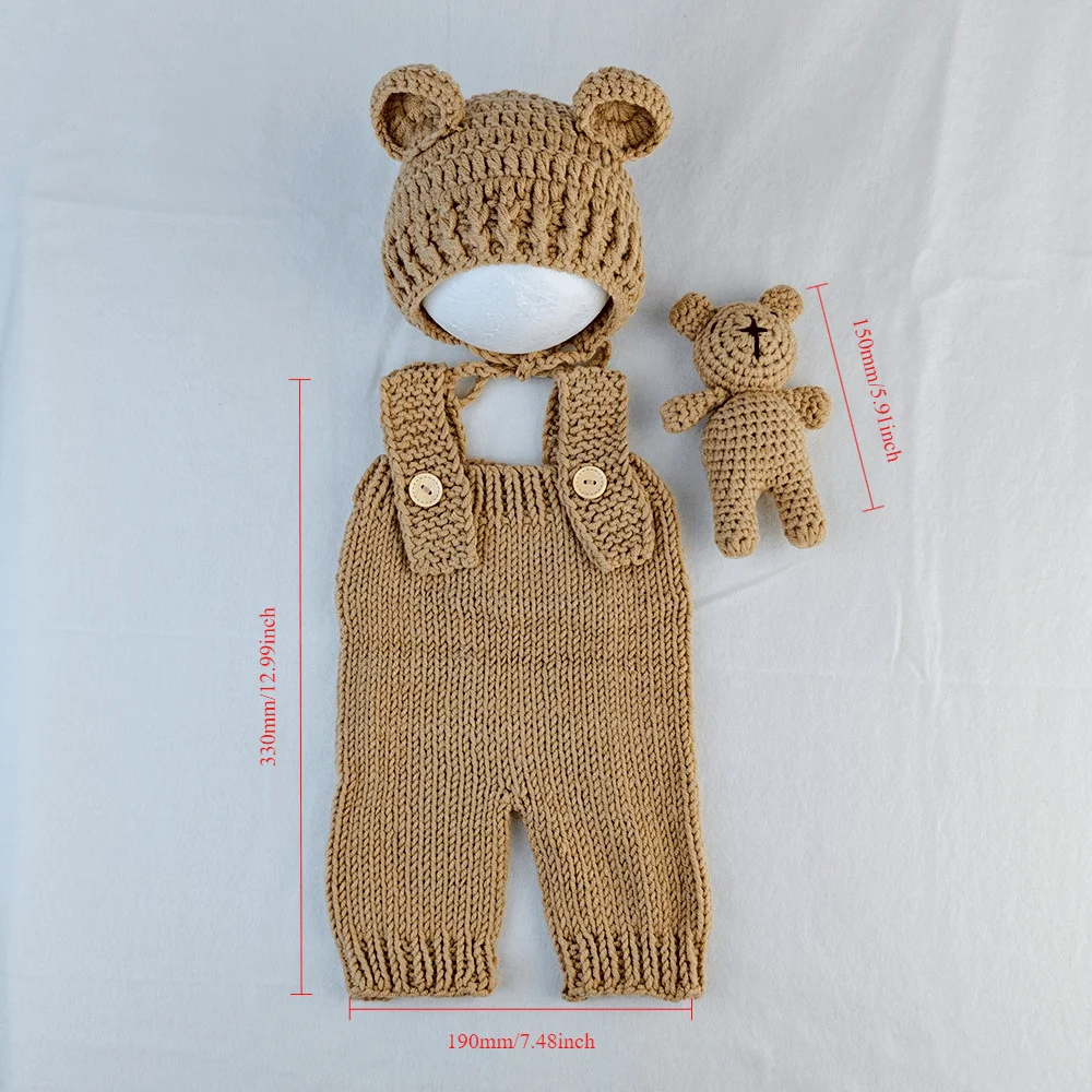 Newborn Photography Props 3pcs Set Cute Bear Costume Hand Knitted Romper Hat and Bear Doll Baby Photo Shoot Outfits image 3