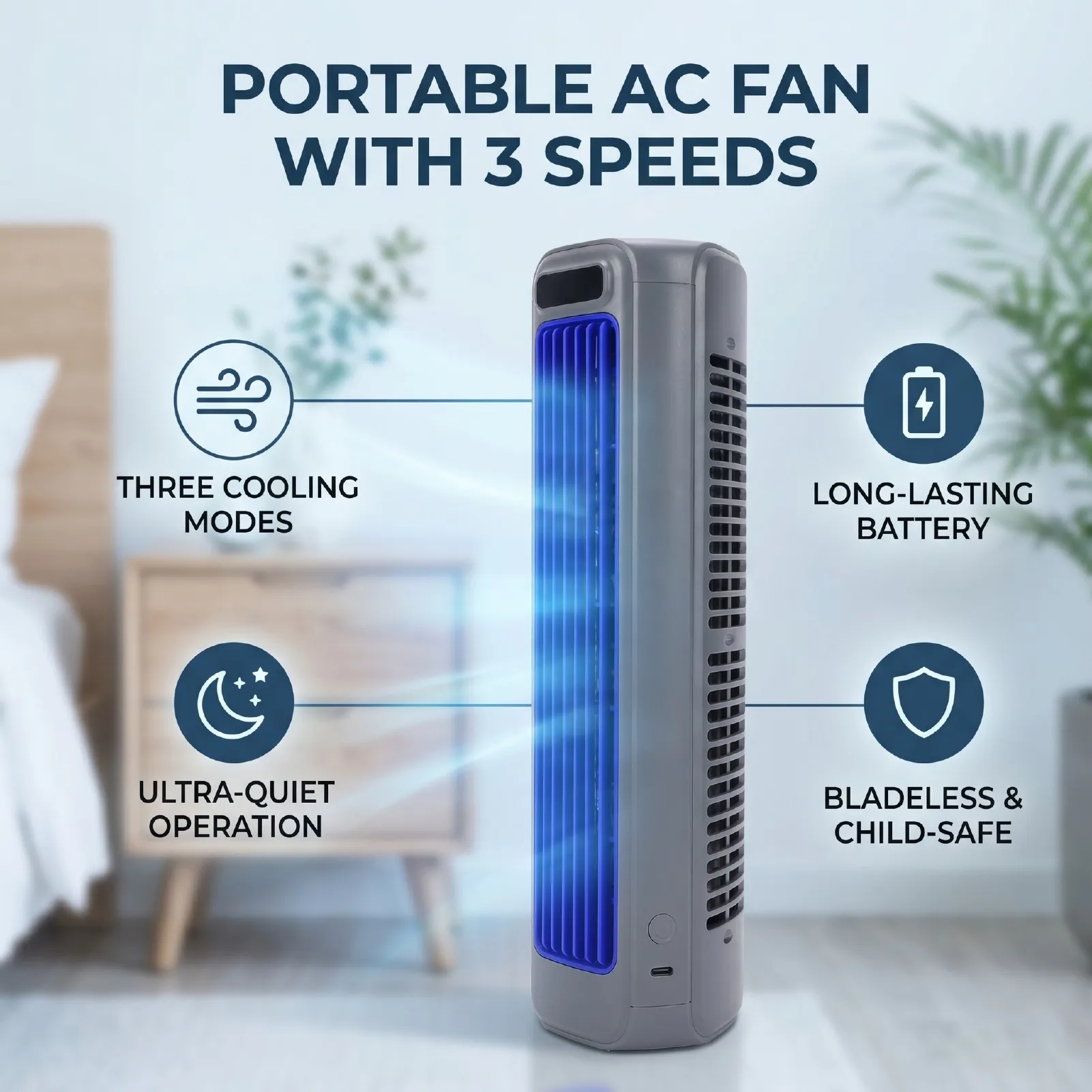 Compact Air Cooler Portable Air Conditioner Fan 3 Speed Levels Cooling Fan with LED  for Home  Bedroom