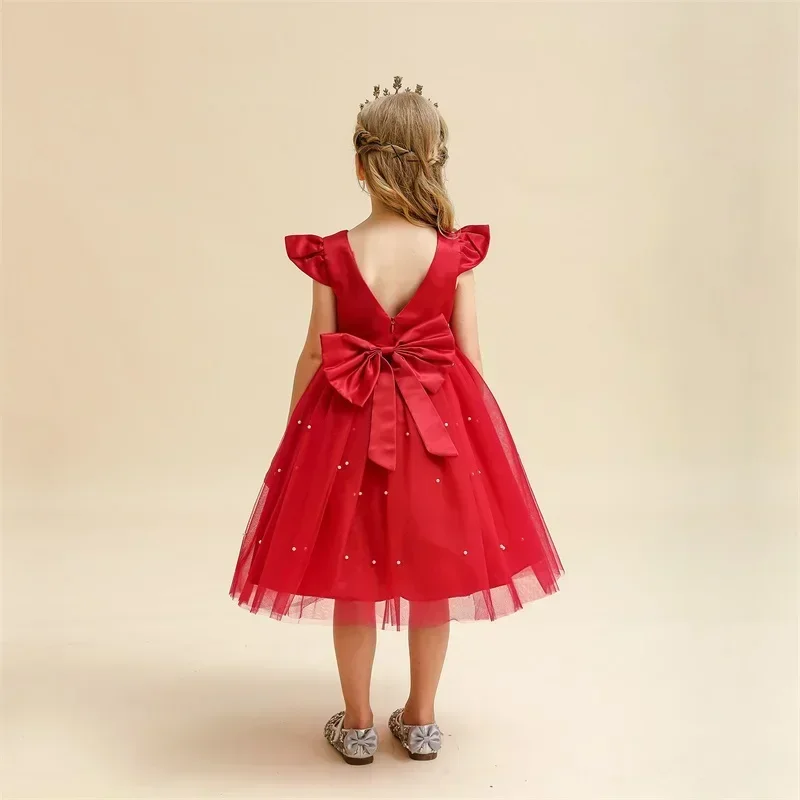 Toddler Girls Red Christmas Princess Dress Cute Baby Girls 1st Birthday Party Tutu Gown Newborn Backless Bow Pearls Xmas Costume