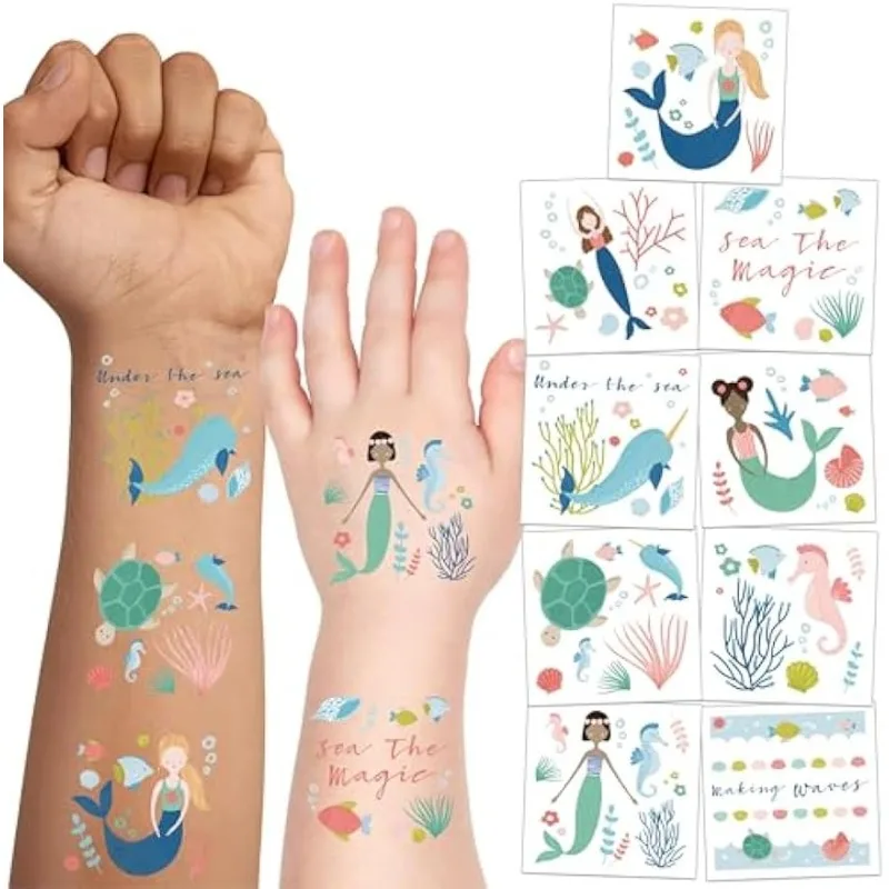 108 pcs Mermaid Party Temporary Tattoos Ocean DIY Sticker Decorations for Under the Sea Celebrations Fish Turtles Shells Sticker