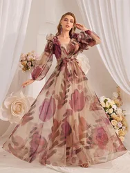 TOLEEN 2024 New Summer Fashion Casual Elegant Holiday Dresses Women's Floral Printed Lantern Sleeve Long Dress With Ruffled Hem