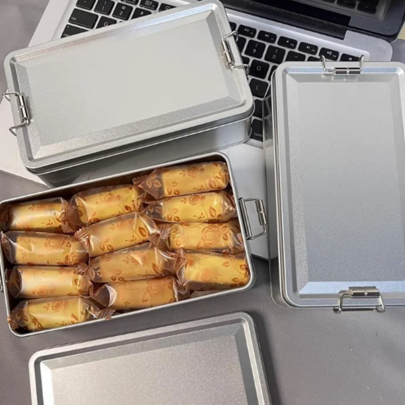 1PC Rectangular Food-Grade Tinplate Storage Container with Secure Buckle Lid Metal Box for Cake Candy Packaging