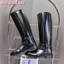 2025 New Metal Buckle Round Toe Knee High Boots Block Mid Heel Slip On Sexy Fashion Women Long Boots Black Solid Leather Winter