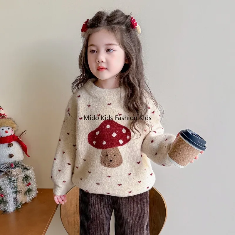 

Свитер на флисовой подкладке для девочек, коллекция поступлений, стильный вязаный пуловер с кошачьим принтом для маленьких дам, утепленный детский трикотаж