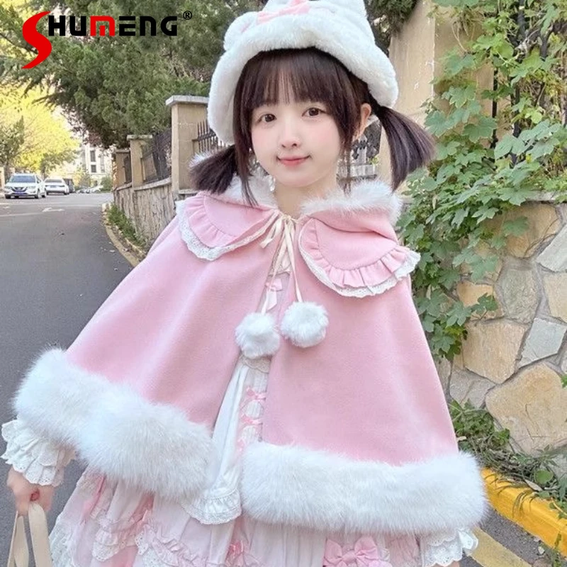 

Японский мягкий плащ с капюшоном и милыми кроличьими ушками для девочек, новинка зимы 2025, женская милая милая теплая короткая куртка Y2K, накидки в стиле Лолиты, пончо