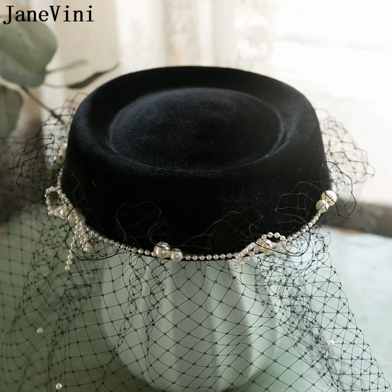 JaneVini Gothic Black Wedding Hats for Brides Pearl Bridal Head Piece Mesh Facinators Hats for Women Hairpins Party Hat Headwear