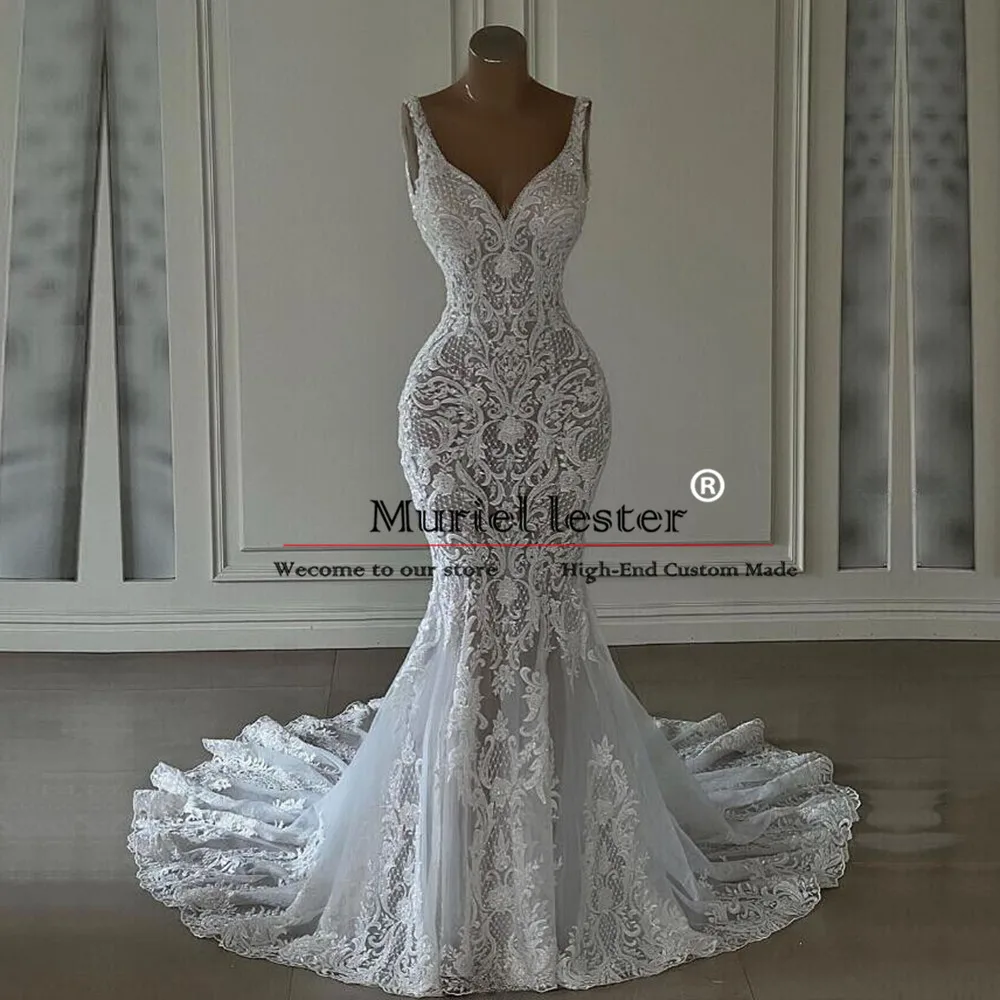 Robe de mariée sirène sexy avec appliques de dentelle, robe de mariée longueur au sol en fibre, col en V, sur mesure, luxe, 2024