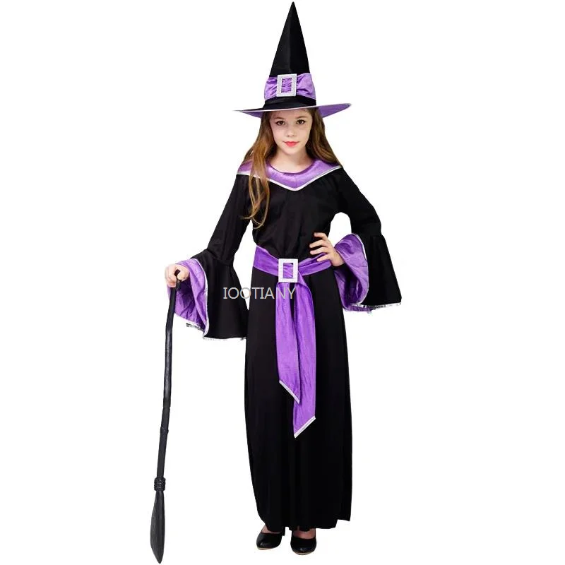 Purple Girl Witch Halloween Cosplay Costume Child Witch Role Play Party Costumes Holiday Party Cute Girl Stage Performance Set