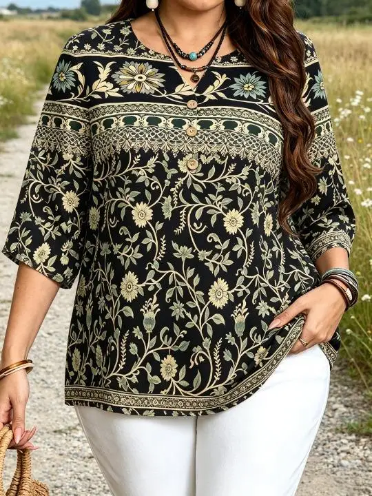 Women Boho Vintage Ethnic Border Vine Floral Print Blouse For Curvy Figures Notched Neck 3/4 Sleeve Loose Casual Ladies Tops
