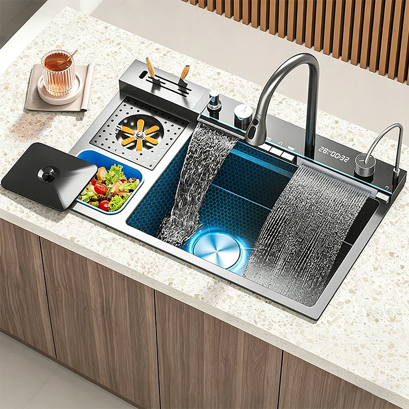 Stainless Steel Waterfall Kitchen Sink Intelligent Digital Display Large Single Bowl With Knife Holder Waste Container