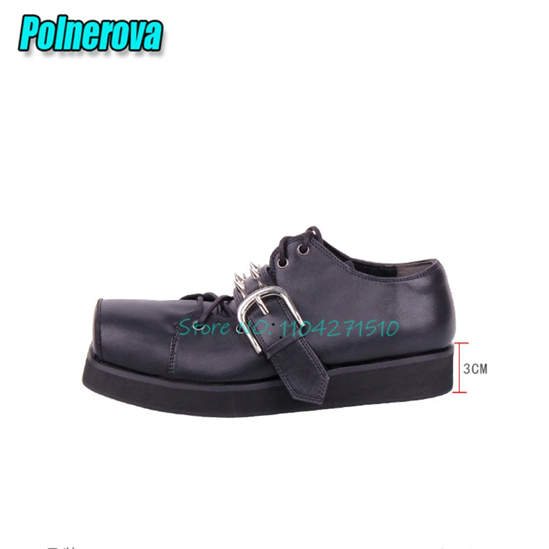 Women Square Toe Rivet Belt Buckle Pumps Punk Thick Soled Lace-Up Flat Shoes Fashion Versatile Comfortable Casual Couple Shoes