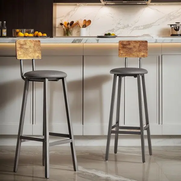 Industrial Rustic Bar Stools Set of 2 with Cushioned PU Leather Seats, Ergonomic Backrest, and Metal Frame for Kitchen, Bar, or