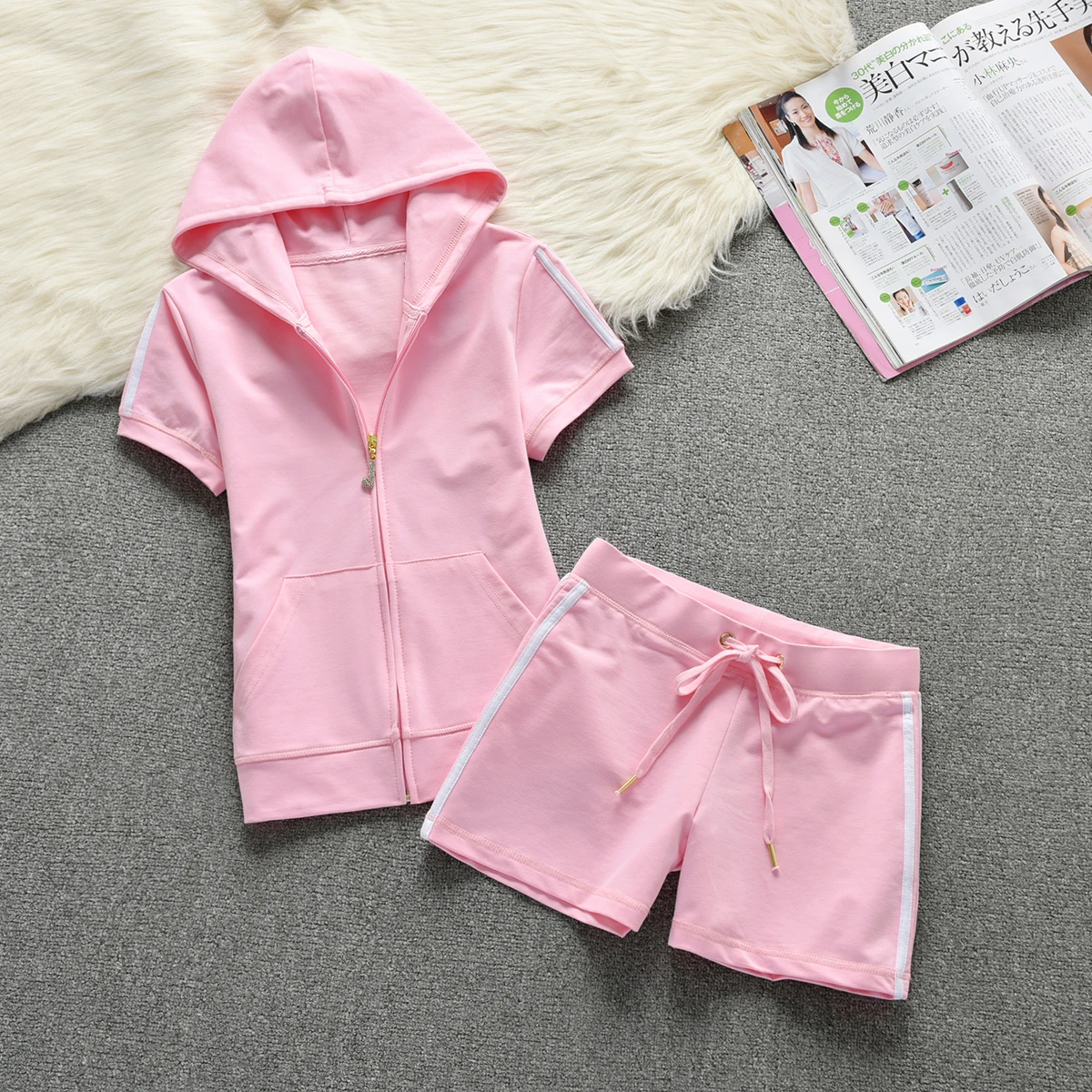 

tracksuit Set Woman 2 Pieces Summer Solid Zip Hooded Jacket Casual Top And Shorts Female Clothing Tracksuit Outfits