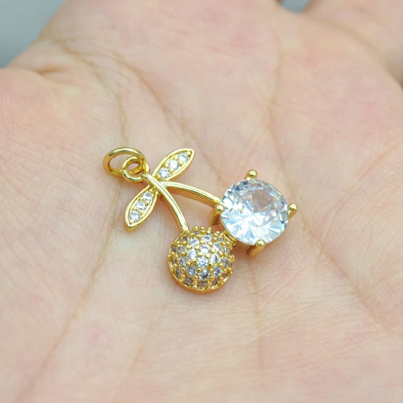

5Pcs Plant Cherry Charms Cubic Zirconia Copper Gold Color Approx 15.7x23mm Jewelry Special Gift For Women