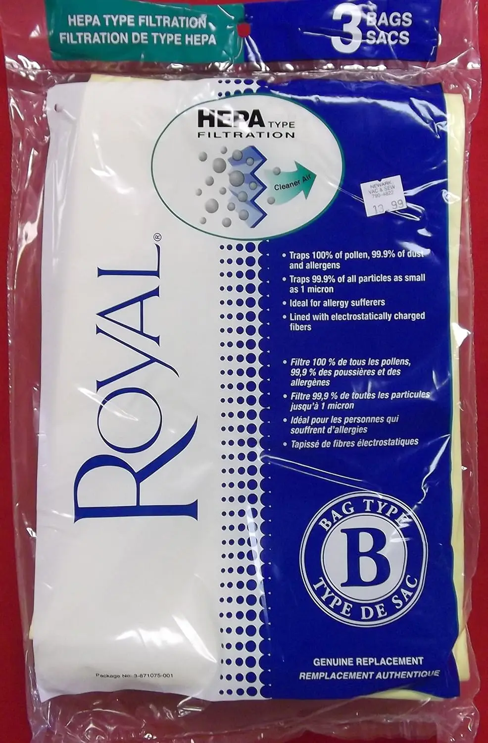 

HEPA Vacuum Cleaner Bags for Type B - 3 Pack, Allergen-Friendly