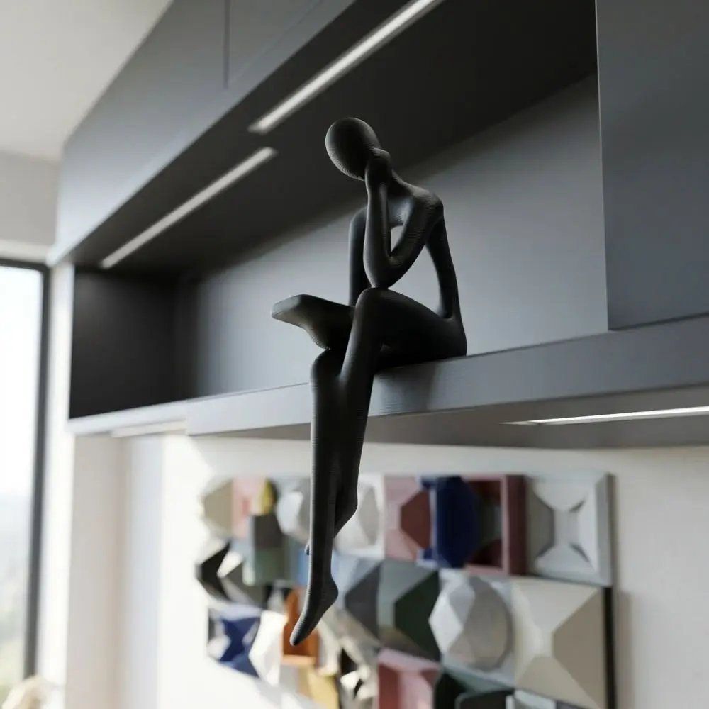 Minimalist Abstract Thinker Sitting Figurine Long Leg Modern Edge Sitter Character Sculpture Plastic 3D Printing