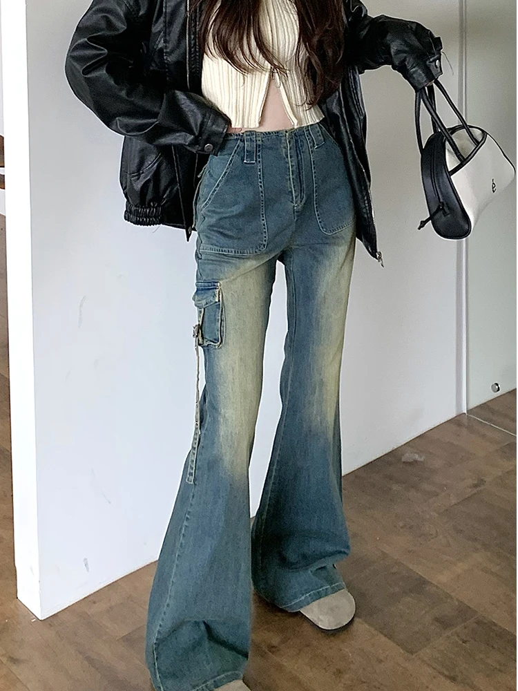 

Women Korean Vintage High Waist Denim Pants Kpop Flare Jeans Gyaru Bell Bottom Jeans 2000s Aesthetic Grunge Y2k Streetwear Punk