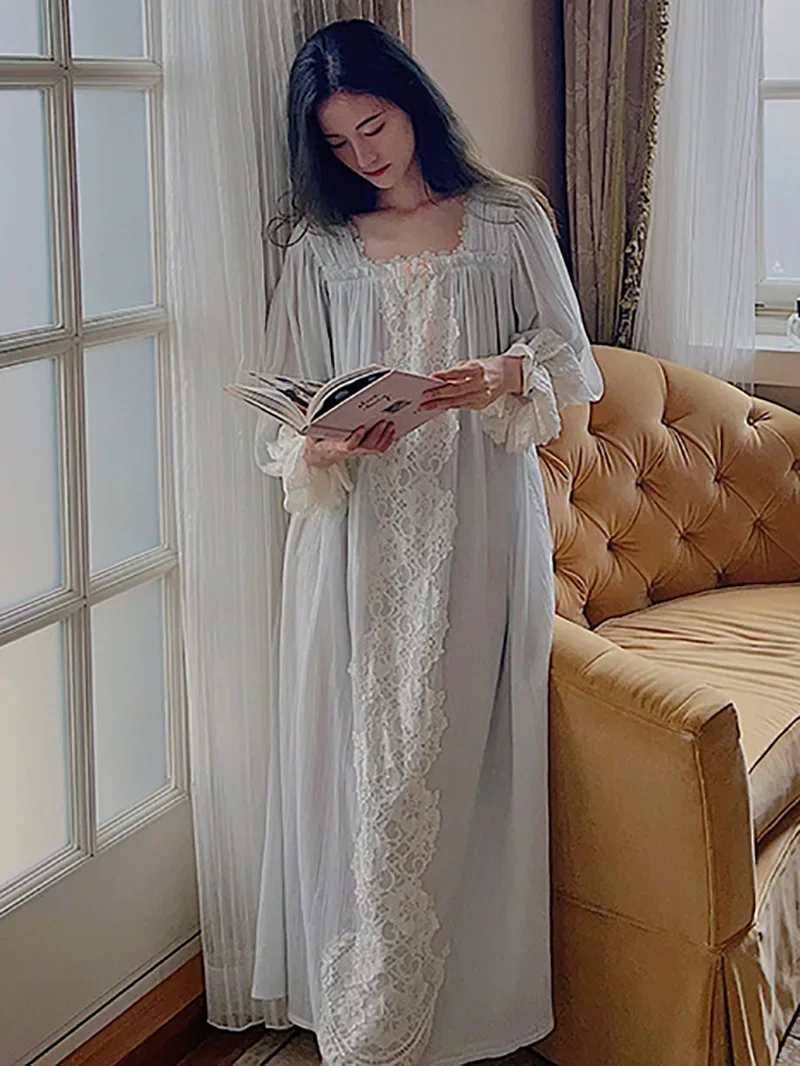 Women Pure Cotton French Fairy Pajama Nightdress Vintage Princess Loose Long Sleeve Spring Autumn Victorian Nightgowns Sleepwear