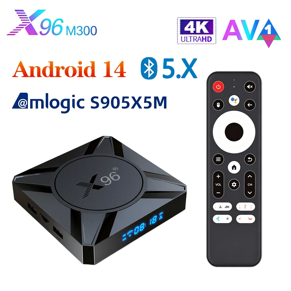 X96 M300 Android 14 TV Box Amlogic S905X5M 4GB RAM 64GB ROM Support 8K AV1 Dual WiFi BT5.X 1000M LAN Media Player Set Top Box