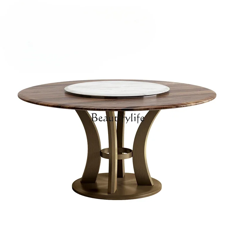 Italian minimalist North American black walnut solid wood dining table high-end marble turntable round table