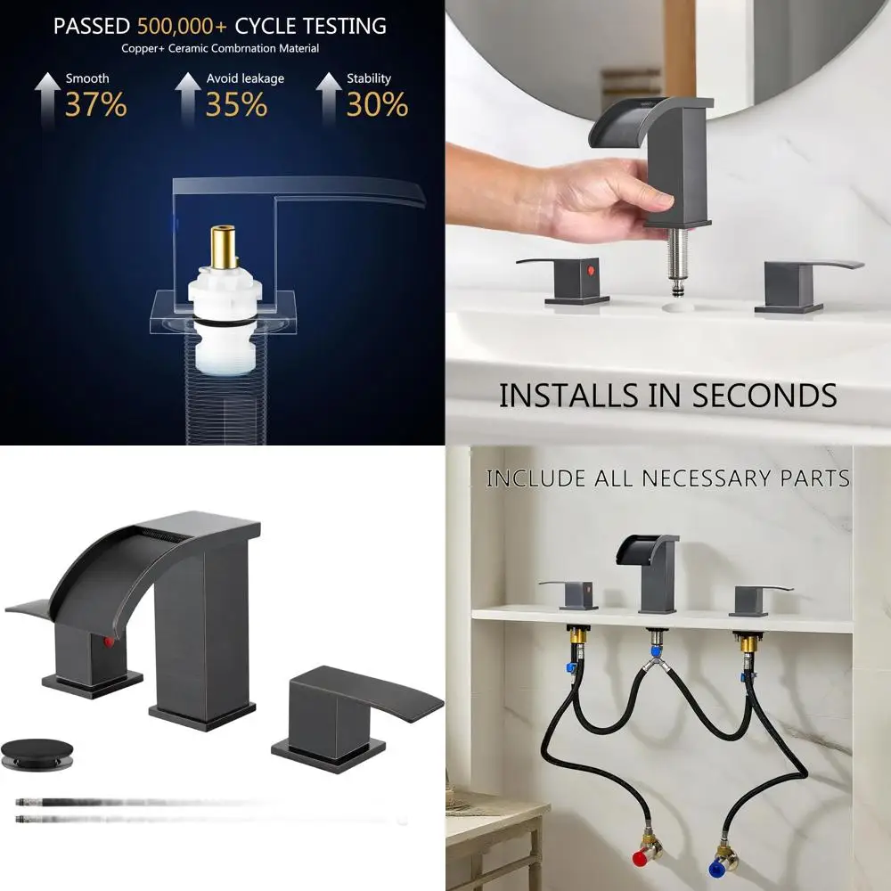 مجموعة صنبور حوض الحمام البرونزي المطلي بالزيت على نطاق واسع مقاس 8 بوصة مع 3 فتحات ومقابض وصرف منبثق وخطوط إمداد المياه #1