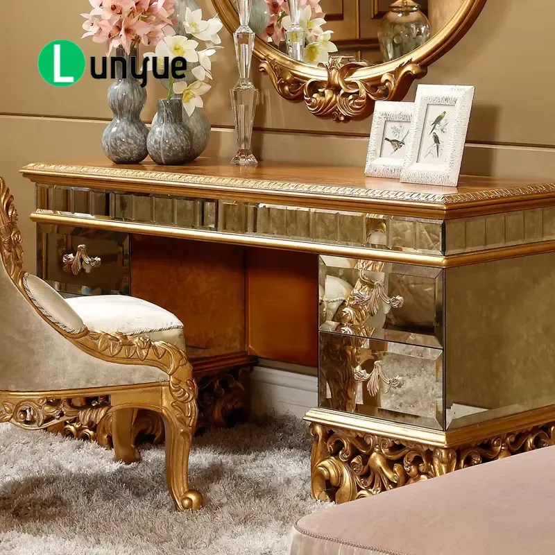 Antique Gold Dresser Set Natural Flower Vine Design Ancient Castle Style Bedroom Furniture Elegant Vintage Vanity Table with