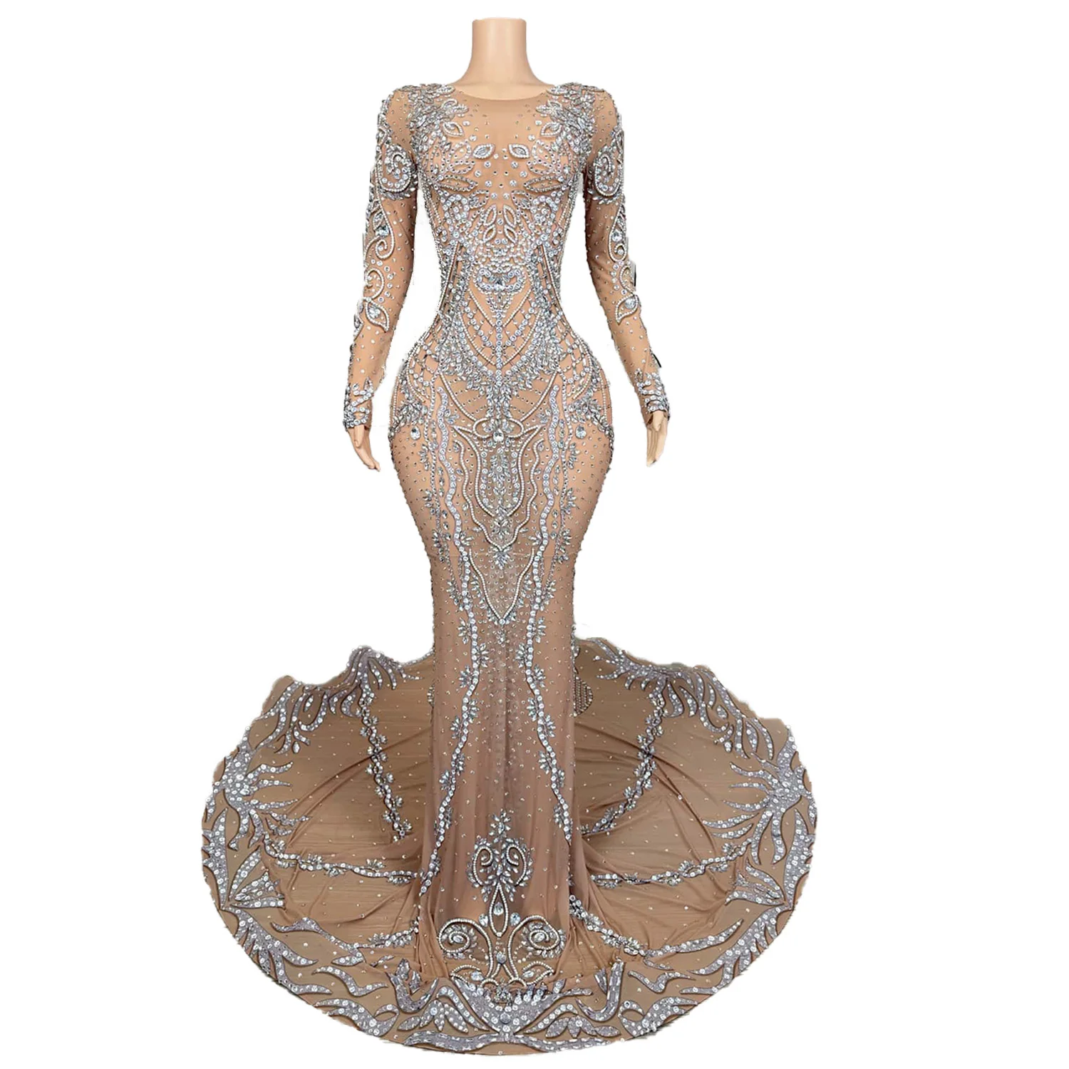 섹시한 아름다움 피쉬테일 이브닝 드레스 화려한 다이아몬드 퍼스펙티브 메쉬 파티 연회 연예인 레드 카펫 런웨이 가운 huacong