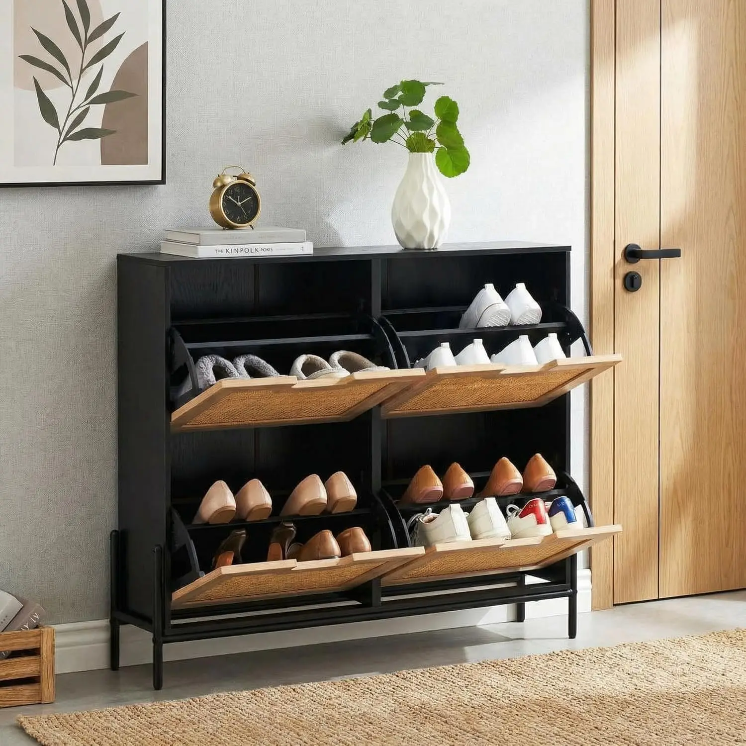 new Freestanding Rattan Shoe Cabinet with 4 Flip Drawers & Adjustable Shelves Hidden Storage Organizer with Metal Legs for Entry