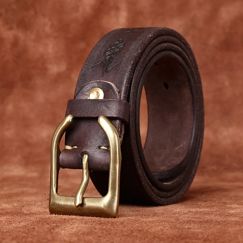 3.8CM Men High Quality Genuine Leather Belt Luxury Carving Copper Buckle Belts Retro Thickening Pure Cowskin Male Jeans for Man