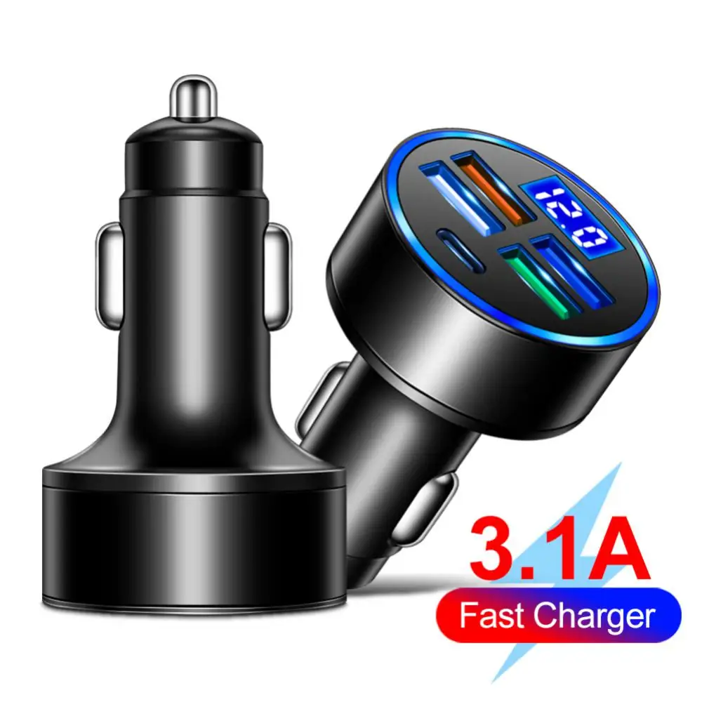 1~10PCS 4 USB & Type-c 5 Ports Digital Display Car Charger with Voltage Detection Car Charger Multi-port Car Charger 3.1A 12V