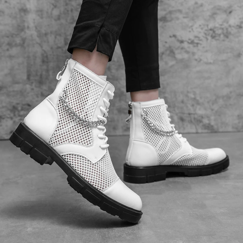 Men's High Top Sandals Mesh Lace-Up Ventilate Roman Sandals Fashion Boots Platform Shoes Man Summer White Short Boots Boots Male