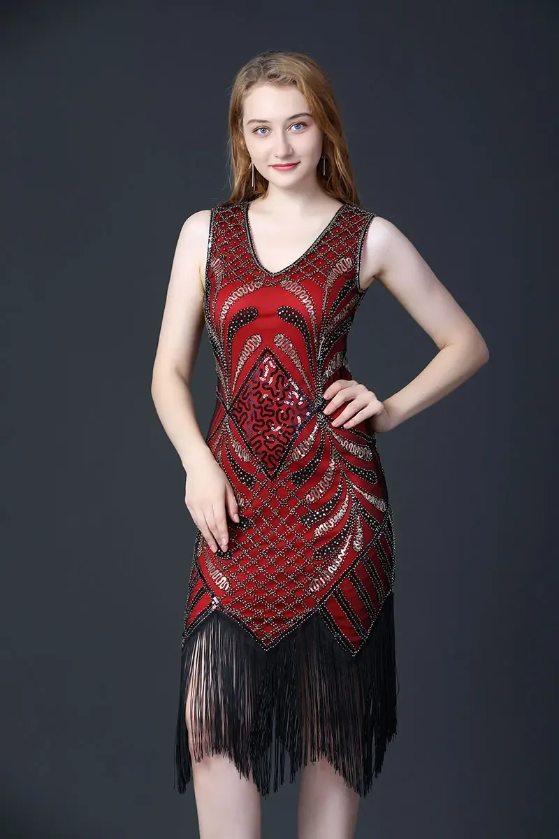 Women V-Neck Sleeveless Latin Dress Evening Party Costumes for Women 1920s Sequin Beaded Latin Costume  Stage Dance Costume