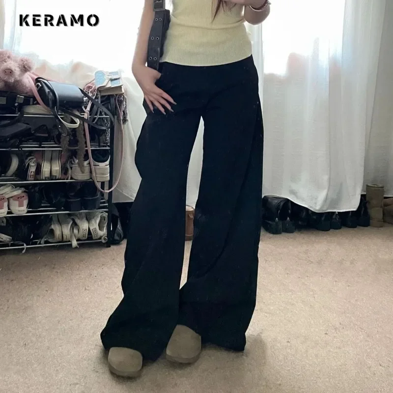 

Vintage Casual High Waist Solid Color Cargo Straight Pants For Women High Street Style Wide Leg Overalls Baggy Y2K Trouser