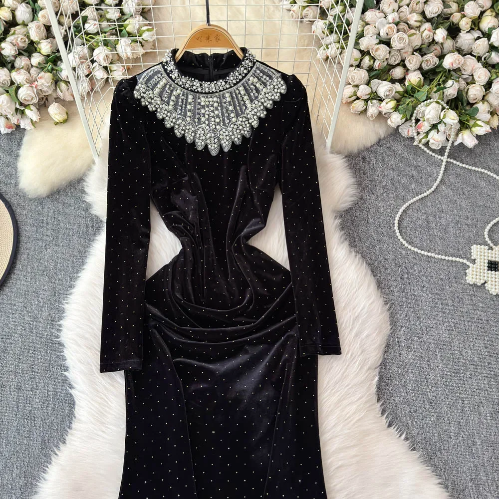 TWOTWINSTYLE Luxury Style Dress For Women O Neck Long Sleeve High Waist Spliced Pearls Temperament Dress Female New KDR524895