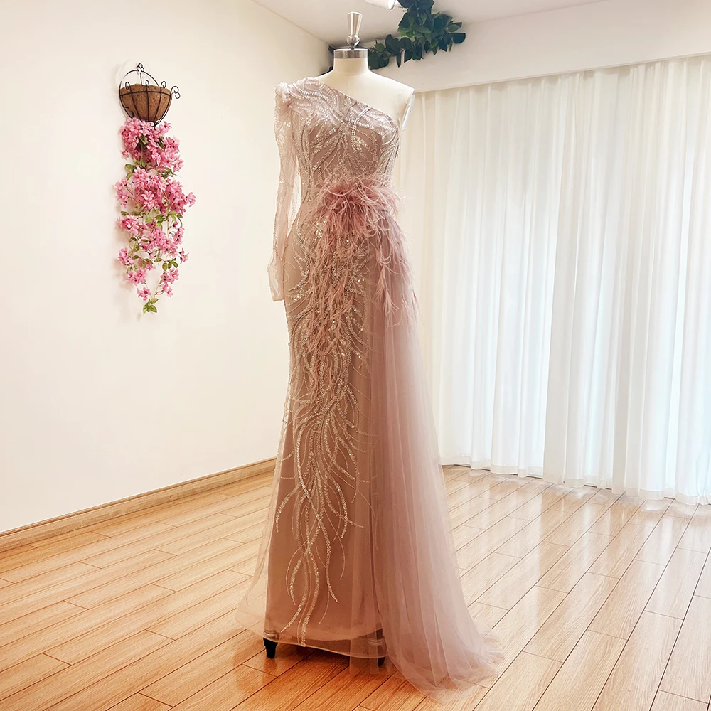 Vestido de noche elegante de plumas de sirena para mujer, vestidos formales de fiesta de boda con un hombro y mangas largas, personalizados, 2024