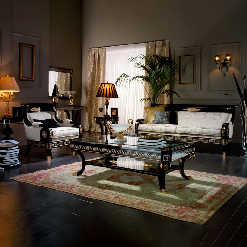 

!@High End European Style Luxury Fabric Sofa Set Solid Wood Sofa 3 2 1 Set for Hotel Apartment Living Room Black Gold