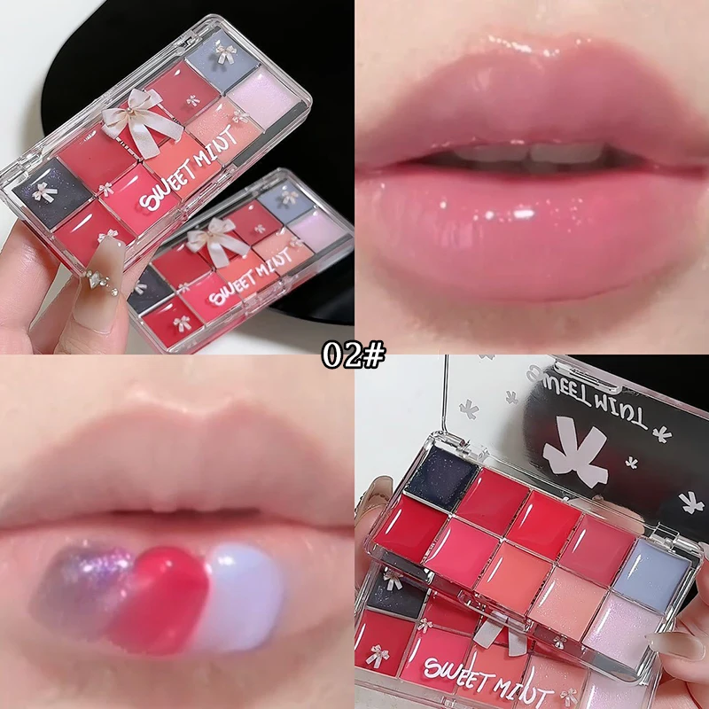 10-farbe Lip Jelly Platte Spiegel Kristall Lip Gloss Feuchtigkeitsspendende Wasser Glas Rot Orange Lip Öl Balsam Sexy pralle Make-Up-Palette