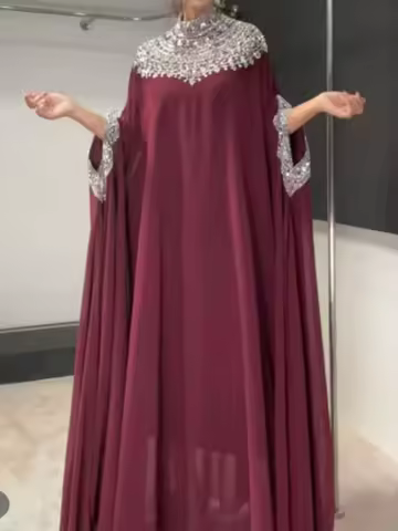 Heavy industry collar beaded bat sleeve loose dress spring and summer new ladies temperament banquet party long evening dress