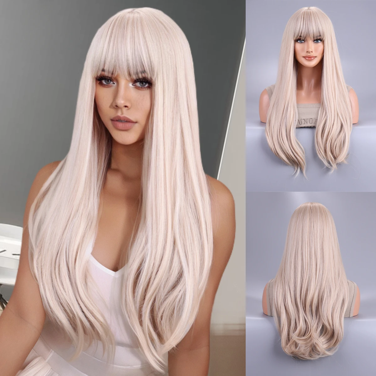 

Silver ash Wavy with bangs Heat resistant fiber synthetic women Everyday Cosplay 28 inches Wigs