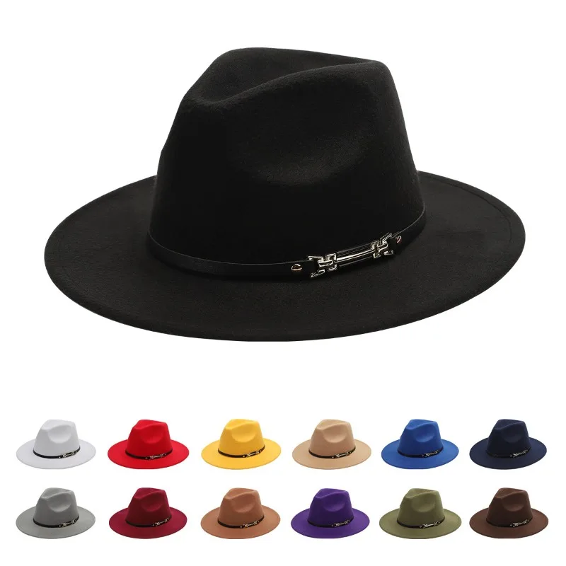 2026 Unisex Black Leather Belt Color Block Wide Brim Wool Felt Fedora British Vintage Jazz Hat