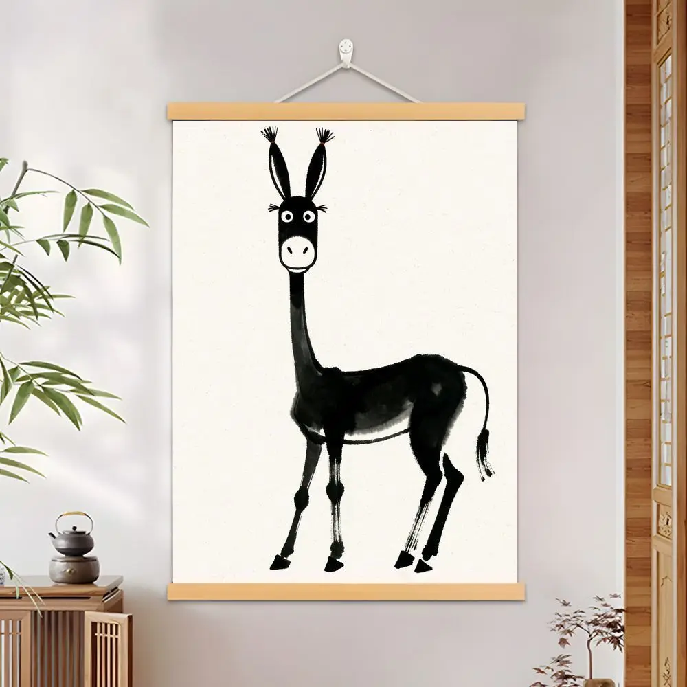 VIKAMA Chinese Ink Donkey Scroll Painting Canvas Wood Frame Wall Art Elegant Gift for Living Room Study Home Office